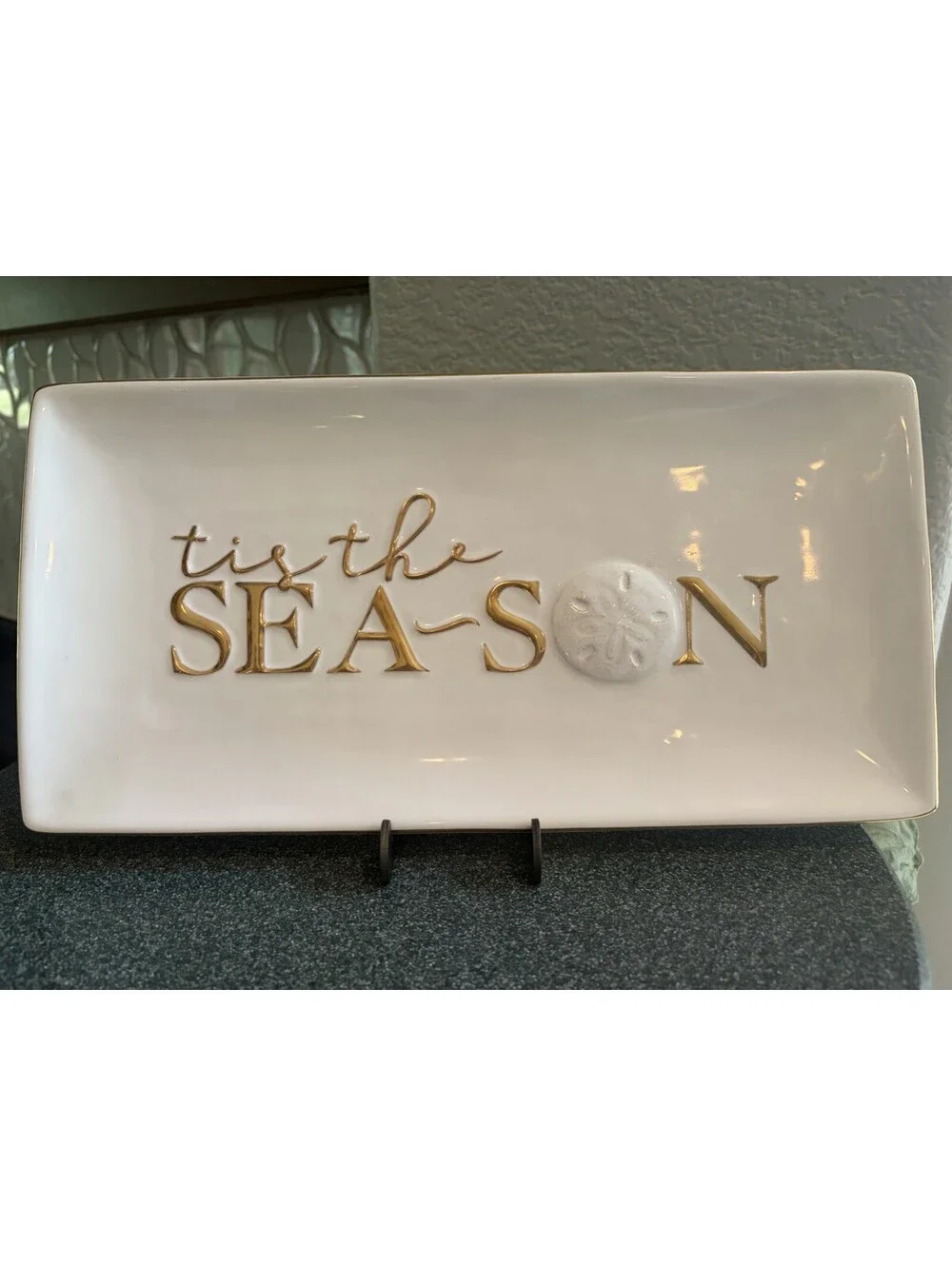 Mud Pie Gold Letters Tis The Sea-son Shell Ceramic Rectangular Serving Platter